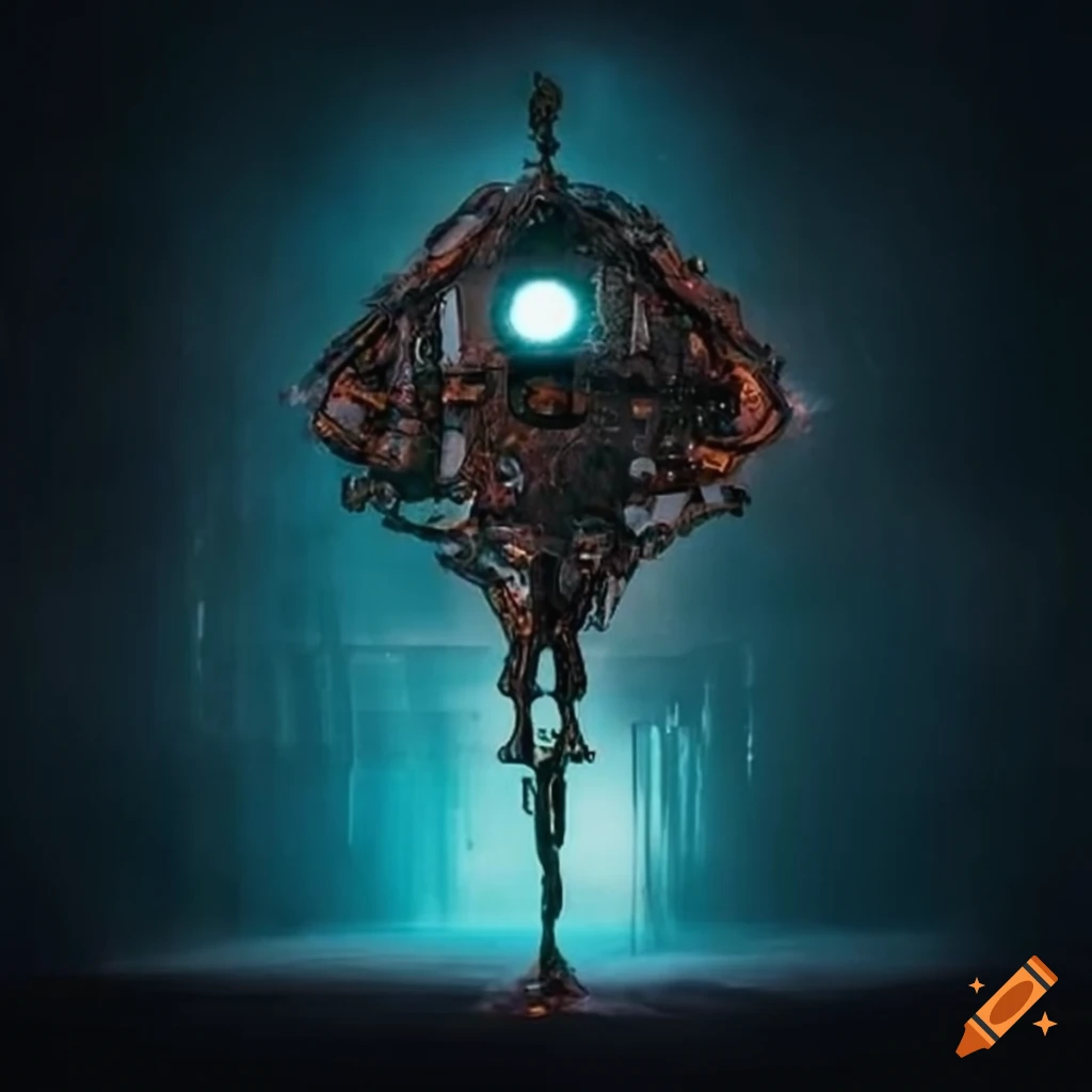 Surrealist artwork of an alien spaceship machine surrounded by computer