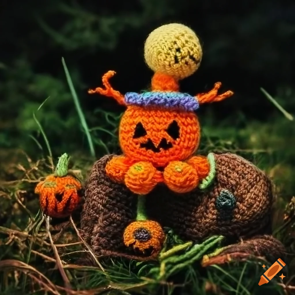 cute amigurumi Halloween Imp in a meadow