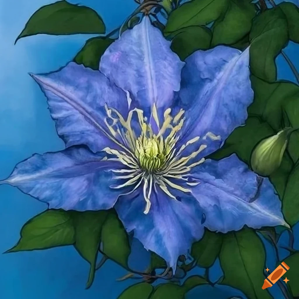 Detailed drawing of a blue clematis on a white background