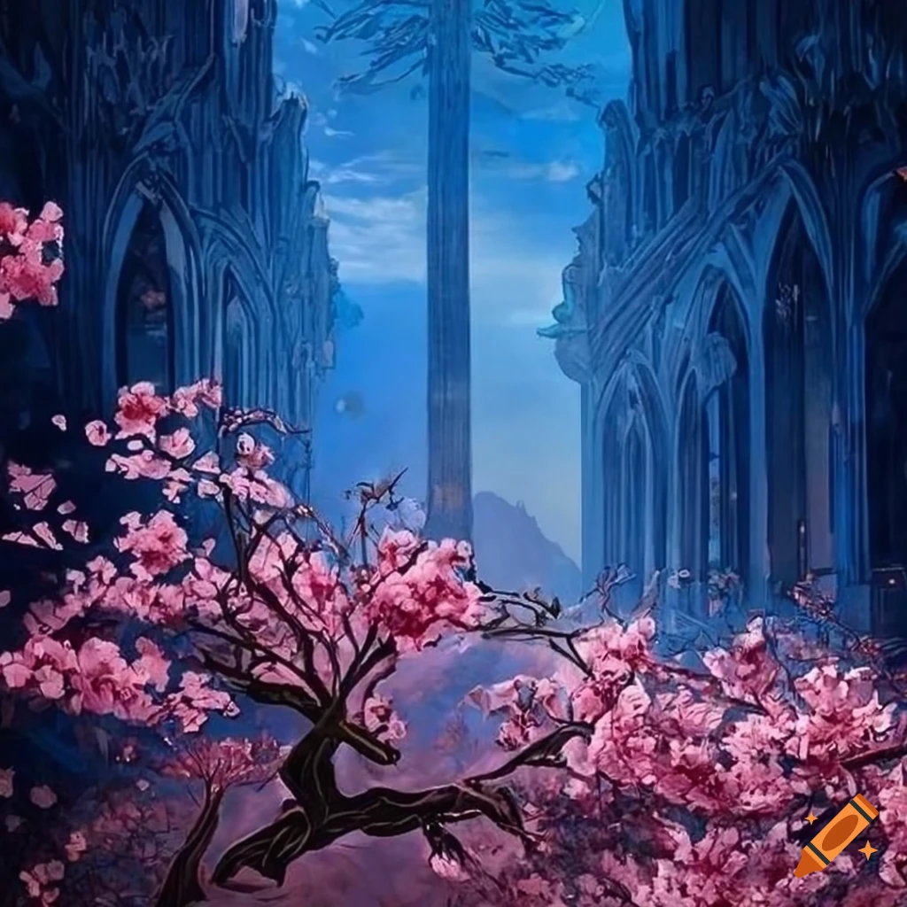 detailed drawing of cherry blossom in William Morris and Alphonse Mucha style