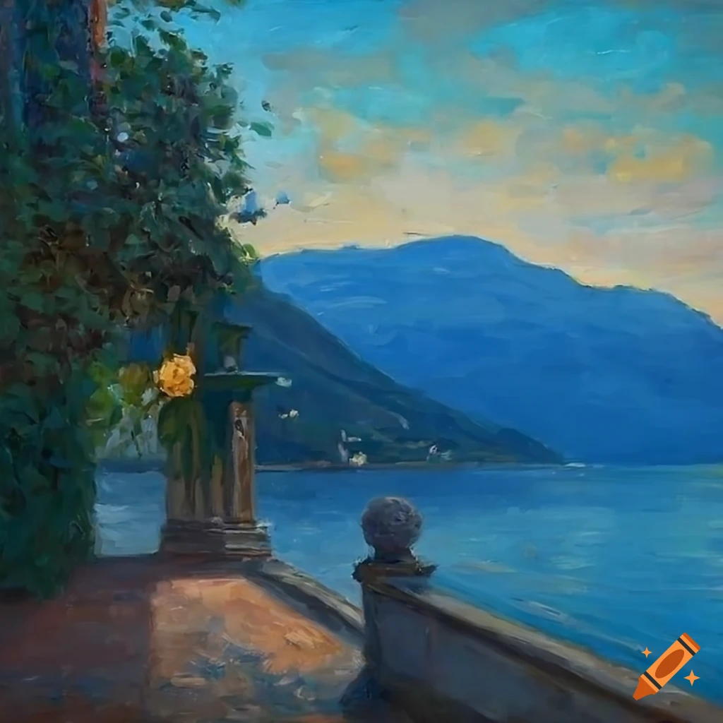 impressionist painting of a cozy patio overlooking Lake Como