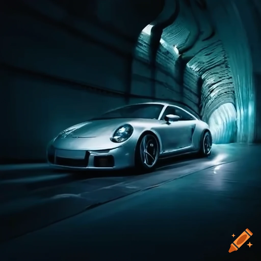 silver Porsche driving through a tunnel