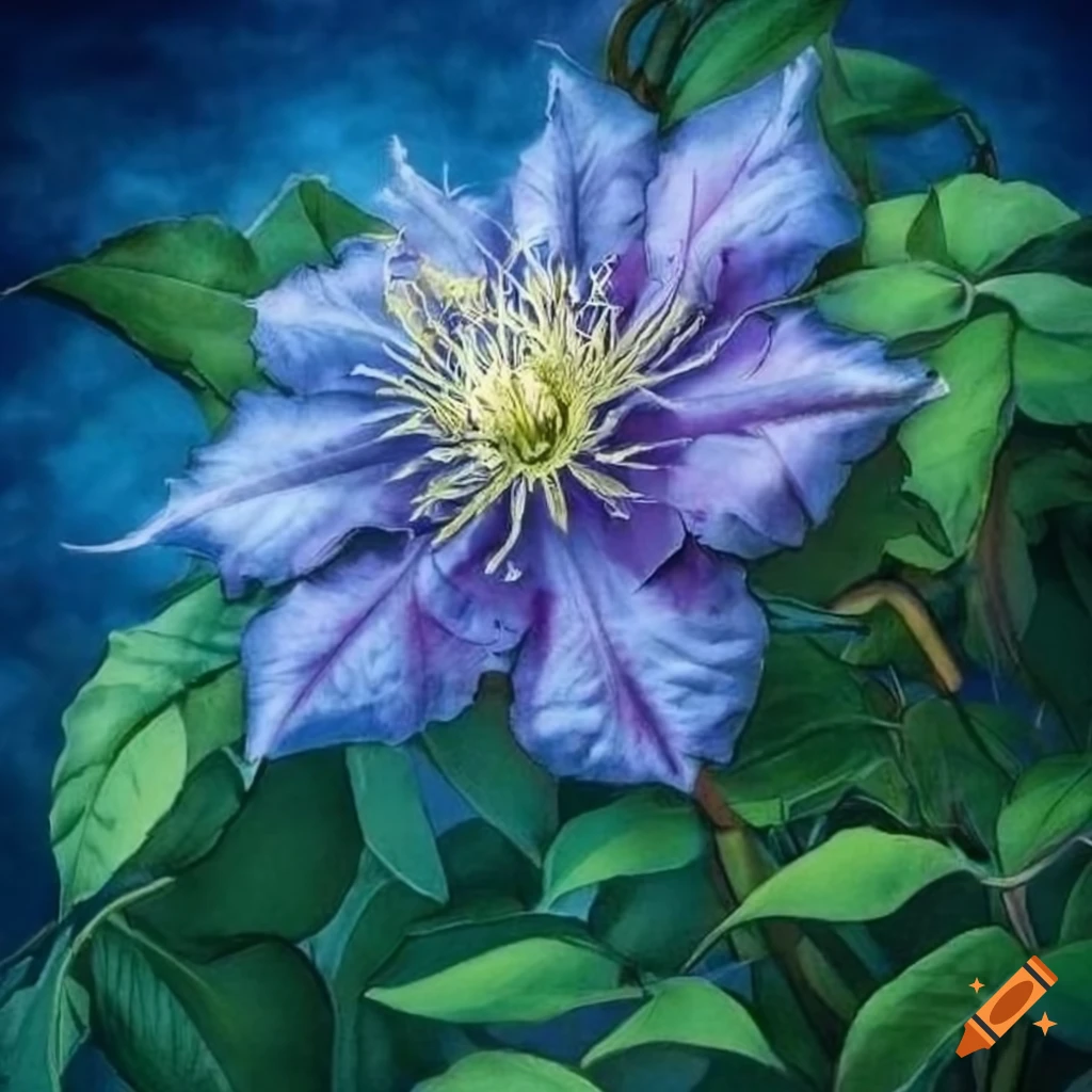 Detailed drawing of a double clematis in blue hour lighting on Craiyon