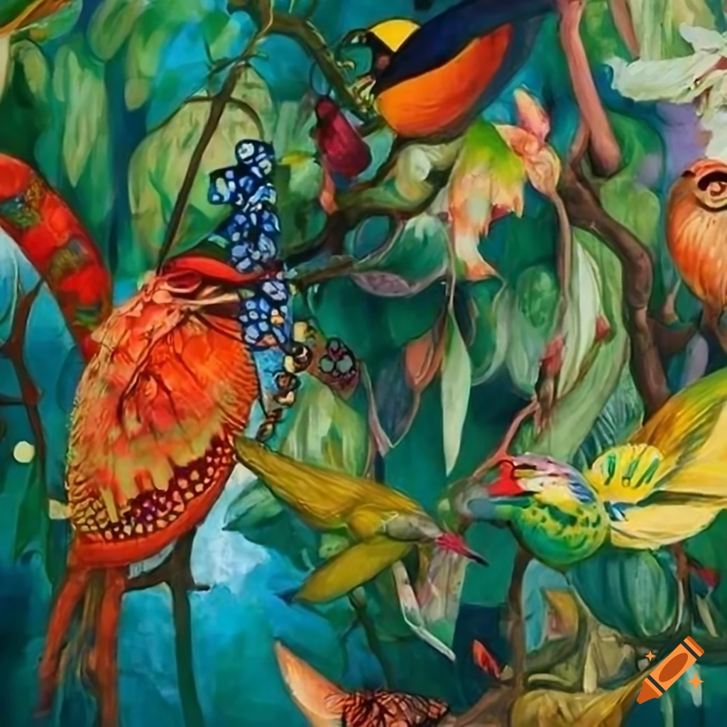 colorful illustration of a lush jungle with birds and butterflies