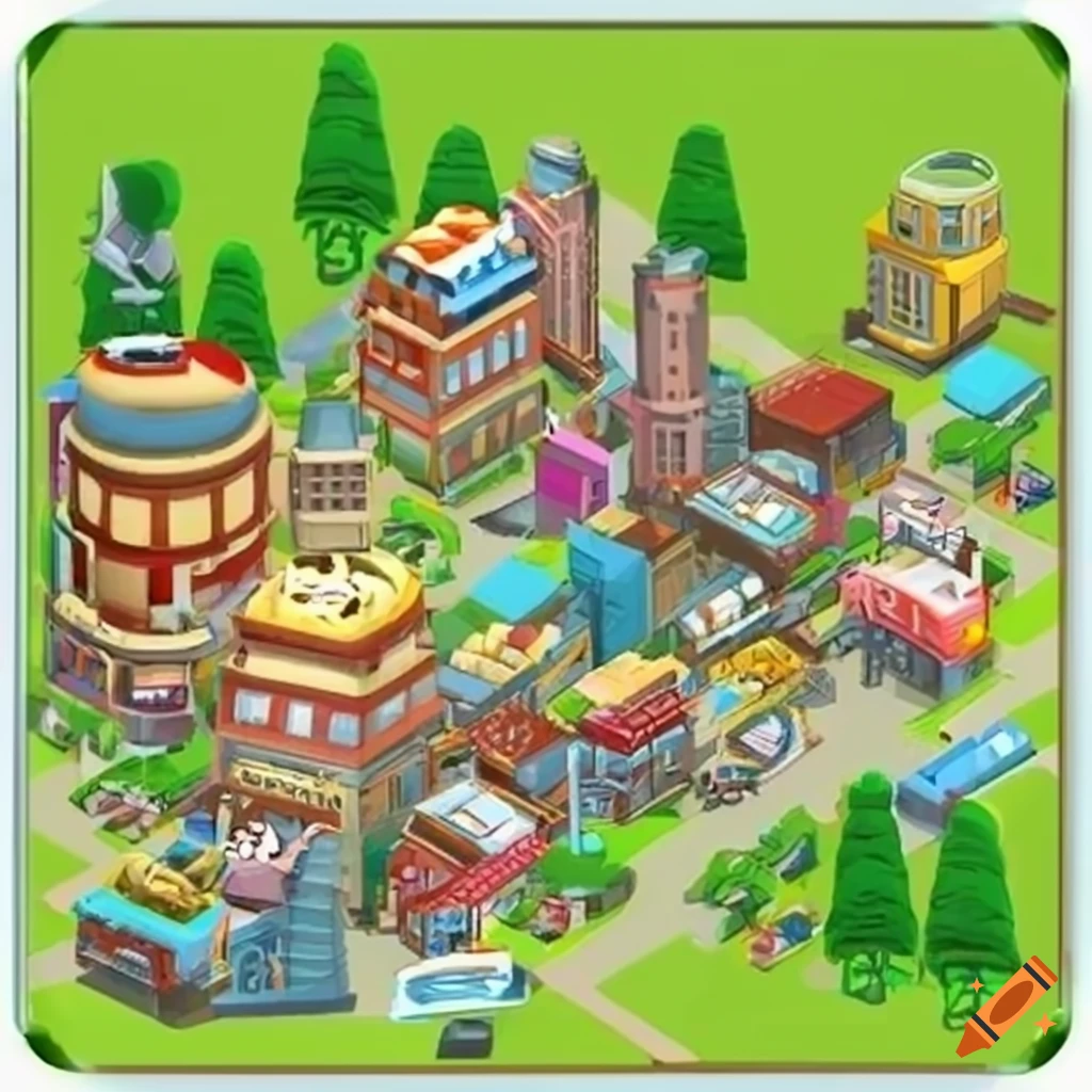 2d mobile game city with various buildings