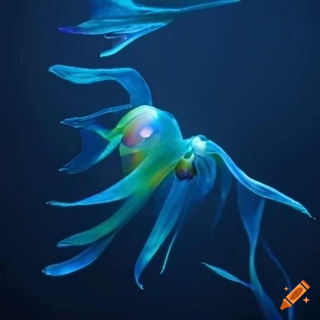 Iridescent sea creature in a dark blue underwater scene