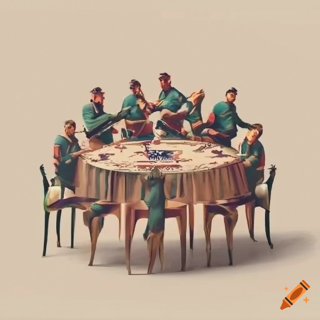 Image of rugby players in knightly attire gathered around a round table