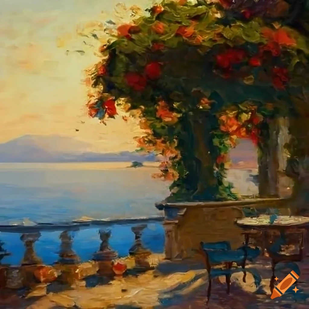 impressionist painting of a cozy patio overlooking Lake Como