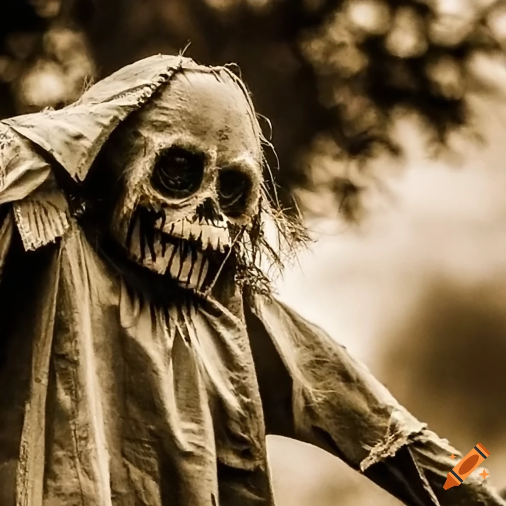 close-up of a sinister scarecrow in sepia tone