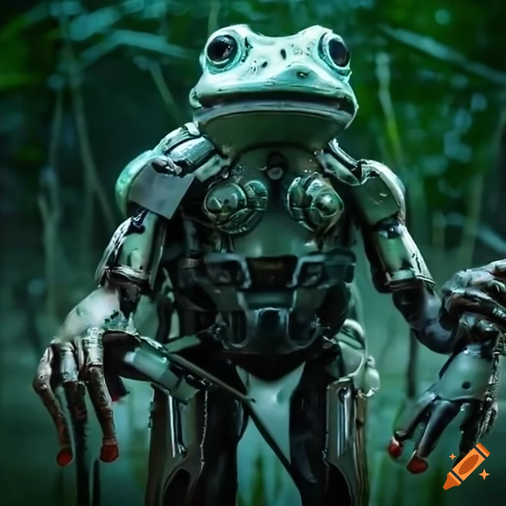 futuristic mechanical frog with plasma rifle in a swamp