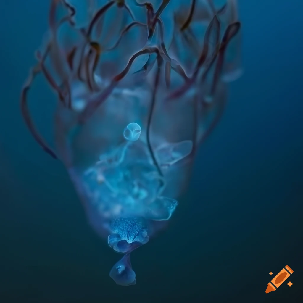 Translucent sea creature in dark blue underwater background