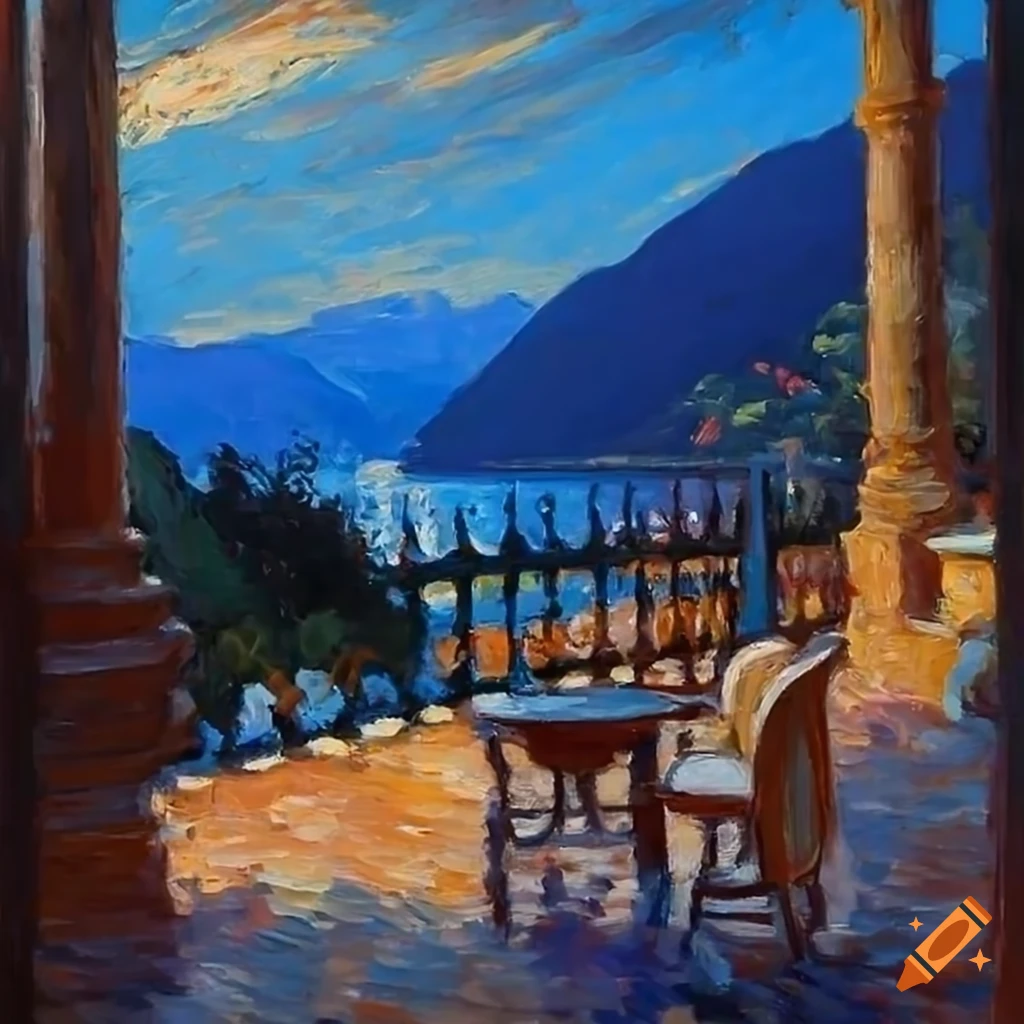 impressionist painting of a patio overlooking Lake Como