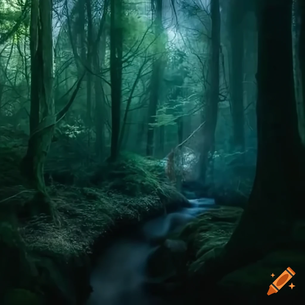 picture of a magical forest with fairies and a wolf