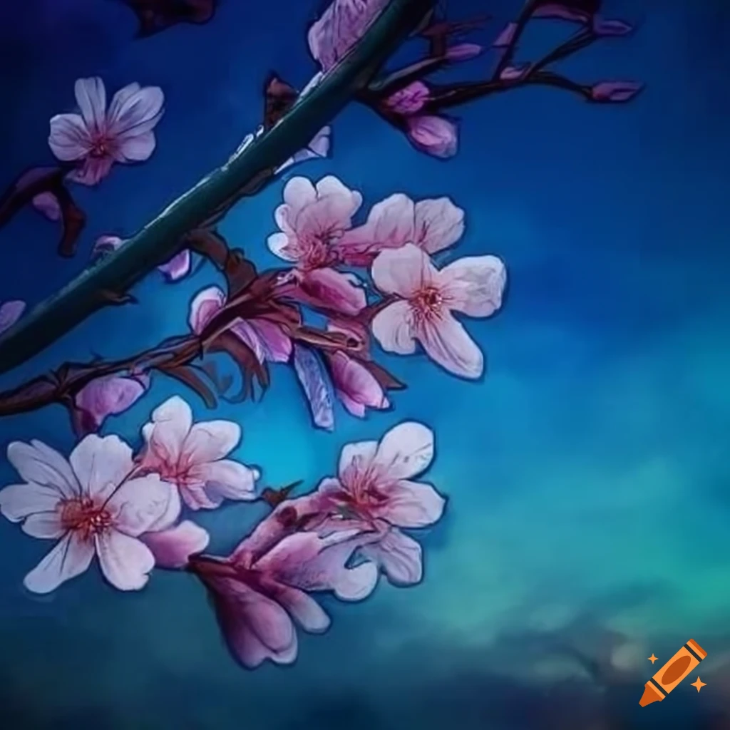 photo-realistic drawing of cherry blossom in blue hour lighting