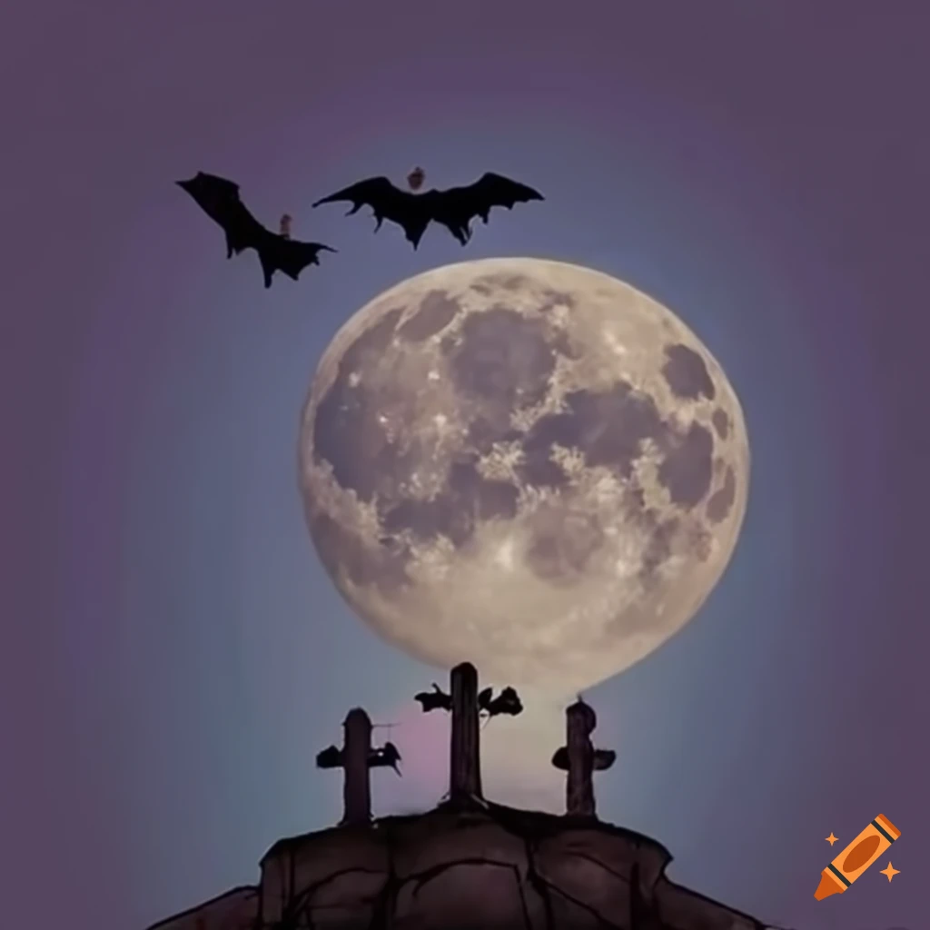 mysterious night with bats flying above a cemetery