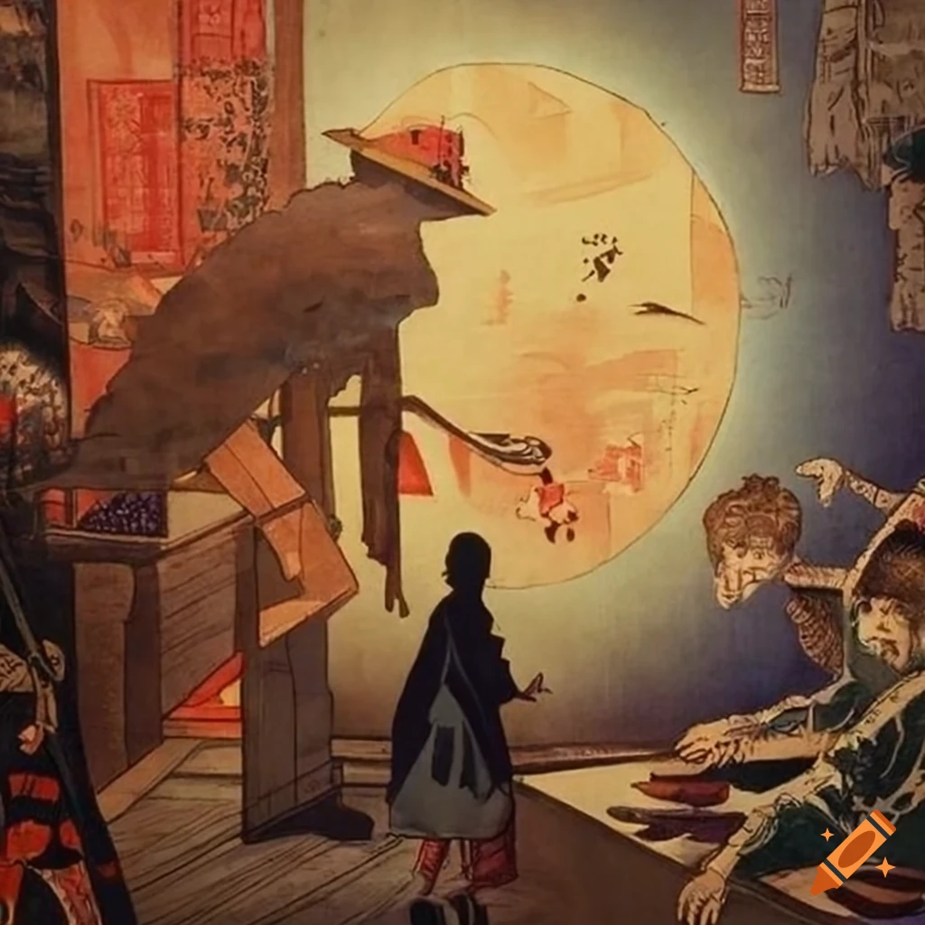ukiyo-e woodblock print of an artist at work in a sunlit studio