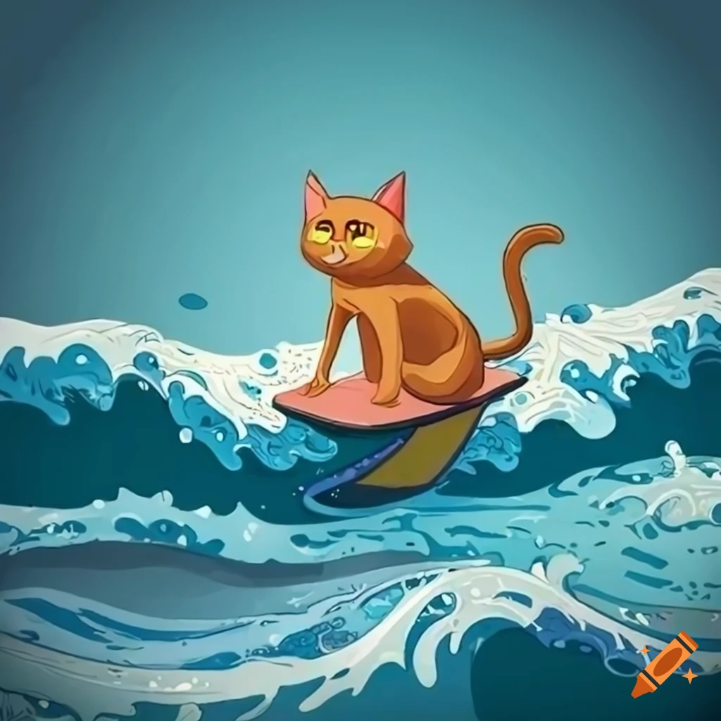 Cartoon art of a cat surfing waves on Craiyon
