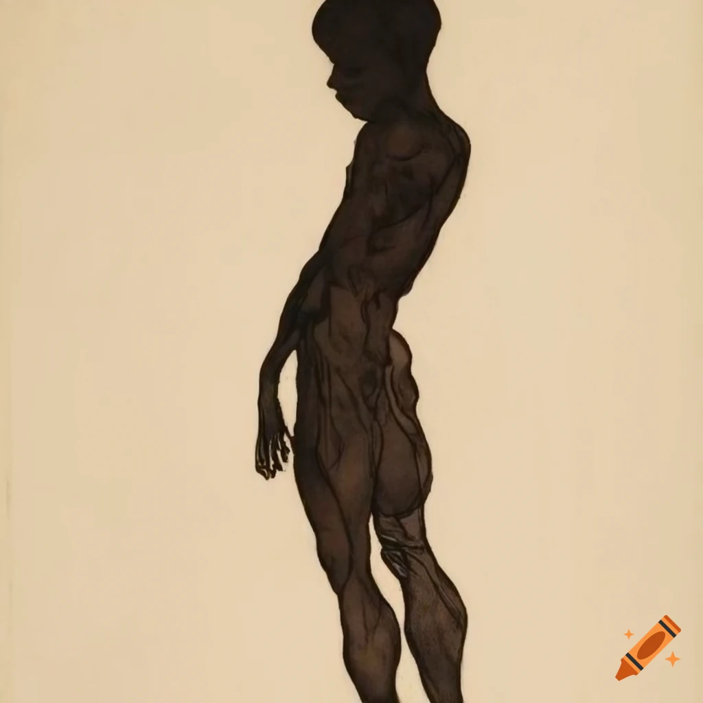 monochromatic engraving of a contorted young boy figure