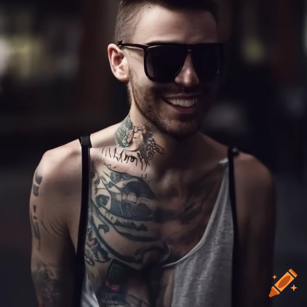 stylish young man with tattoos and sunglasses