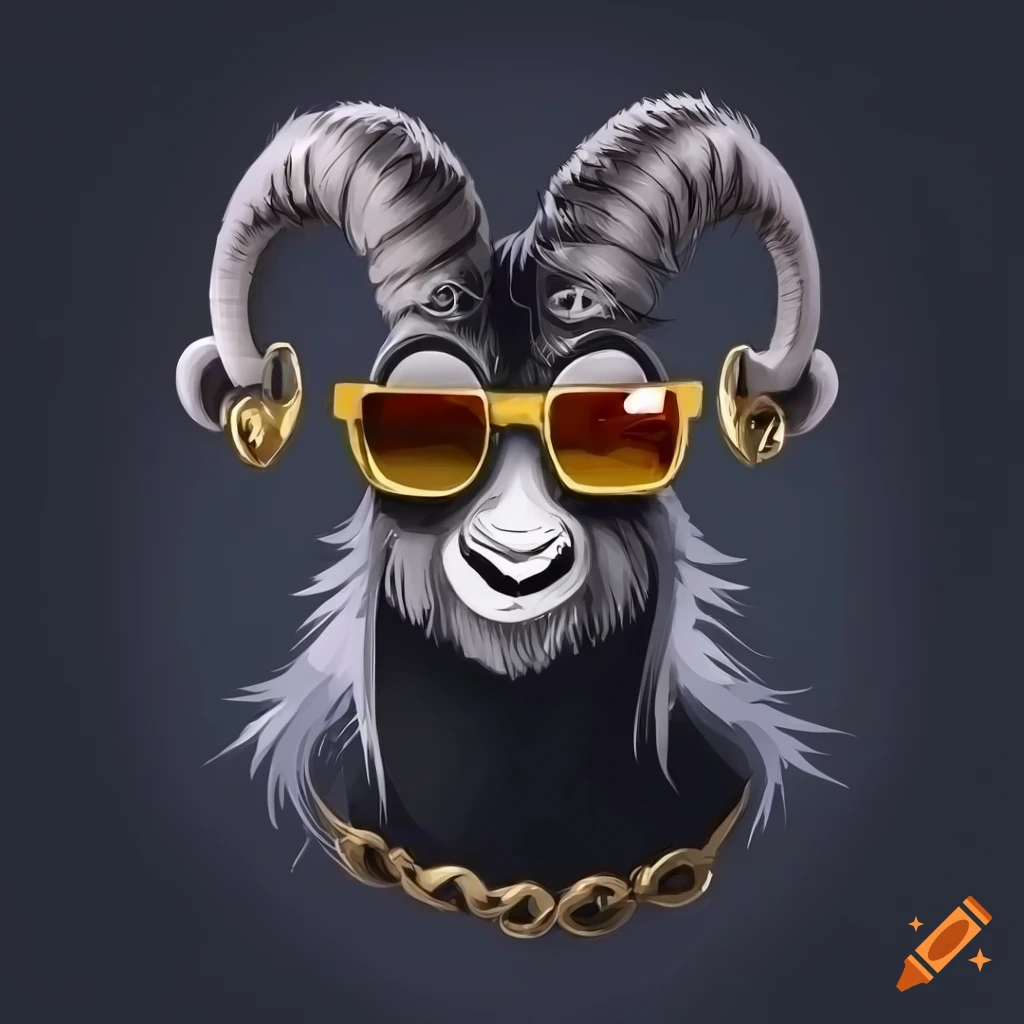 cartoon portrait of a cool black goat with sunglasses and gold chain necklace