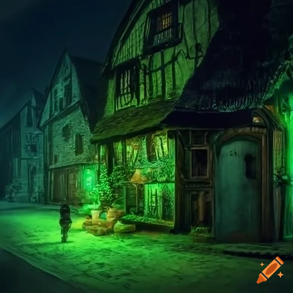 Night View Of A Magical Town With A Green Light Shining