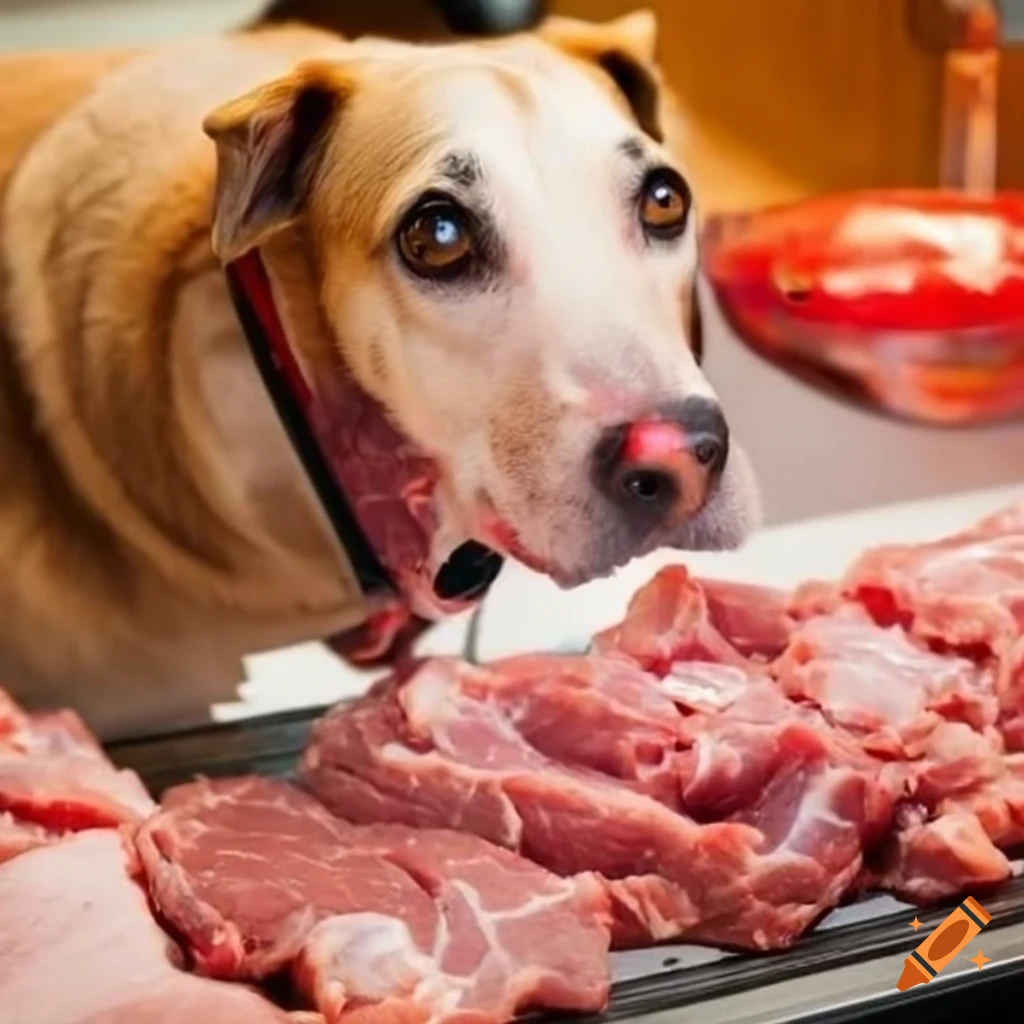 Comic dog devouring raw meat