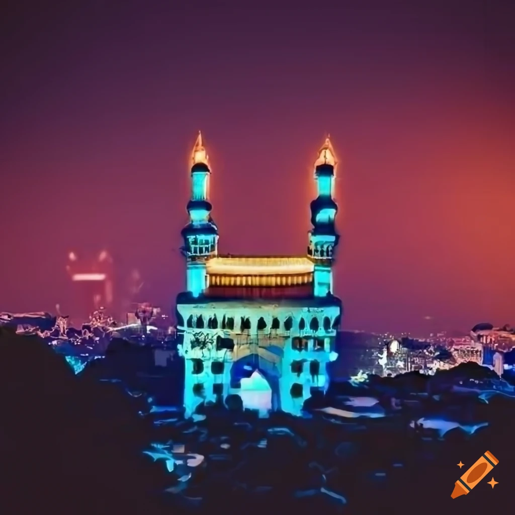Digital painting of hyderabad city skyline at night with neon lights