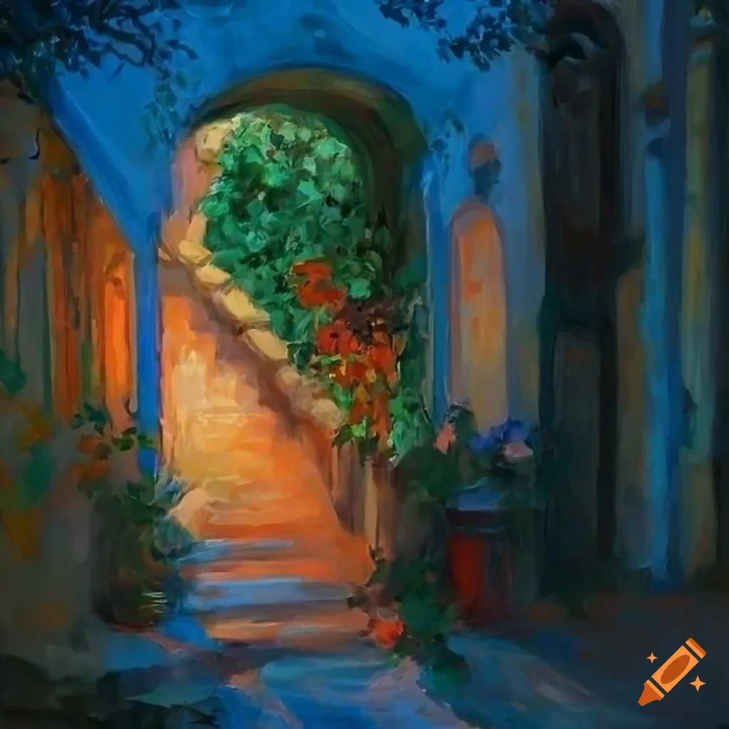 impressionist painting of an inviting Italian house with a courtyard and flowers