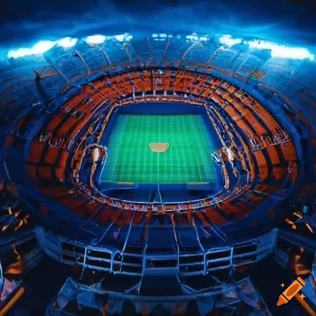 Soccer stadium with orange, blue, and white colors on Craiyon
