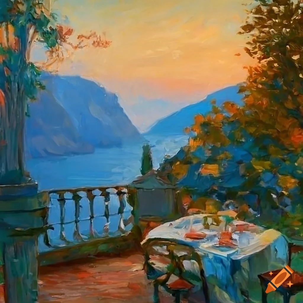 impressionist painting of a patio overlooking Lake Como