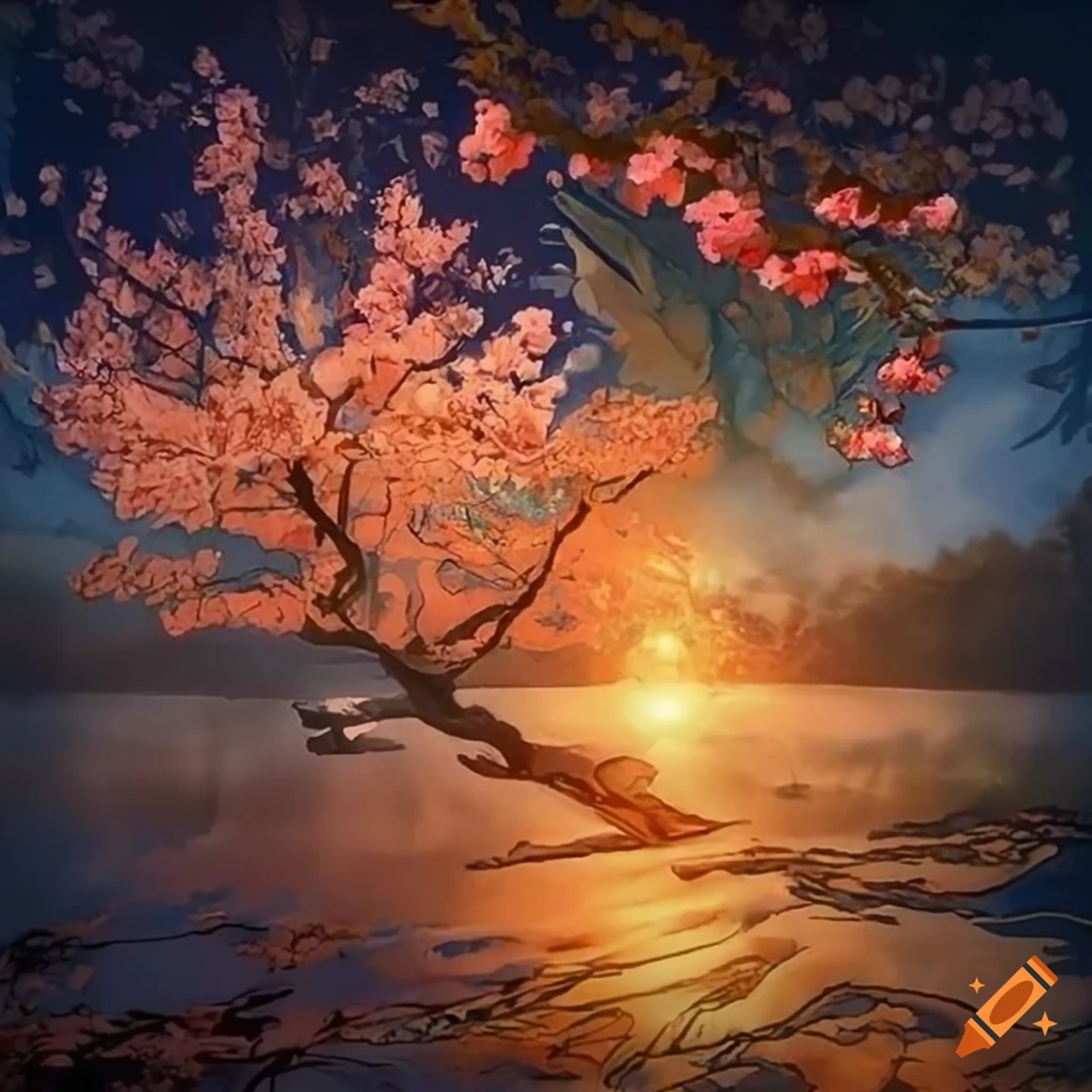 Detailed drawing of cherry blossom in golden hour lighting