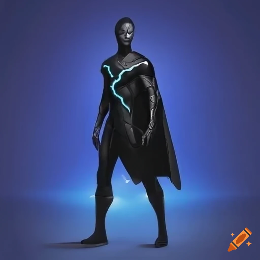 sleek black superhero suit with silver metallic highlights
