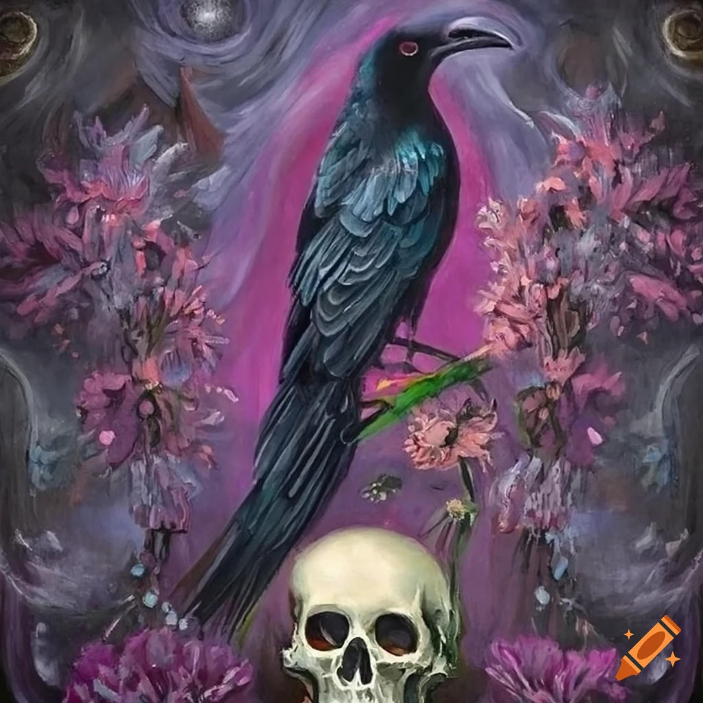 surreal artwork with a raven, flowers, and skull