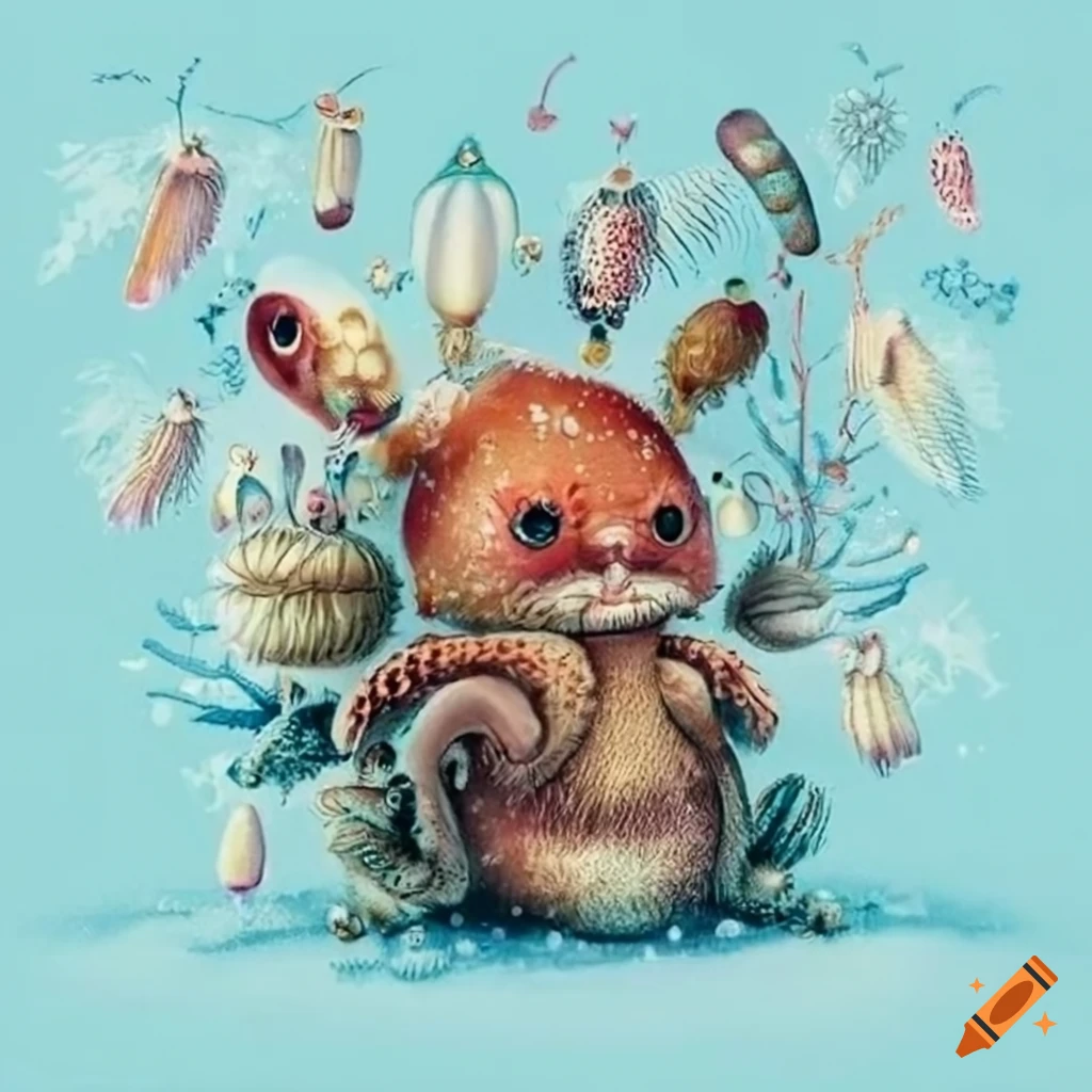 Haeckel-inspired adorable creatures in a snowy village