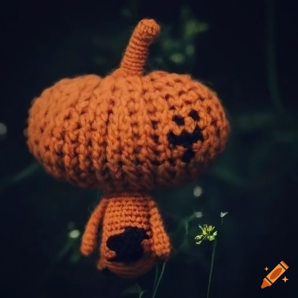 cute amigurumi Halloween Imp in a meadow