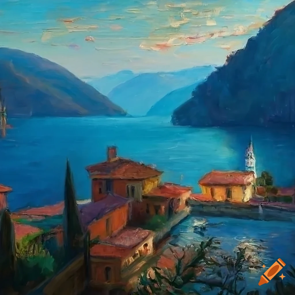 impressionist painting of a charming patio overlooking Lake Como