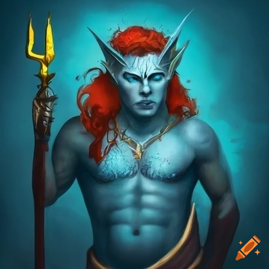 Portrait of a male merfolk with blue skin and red hair