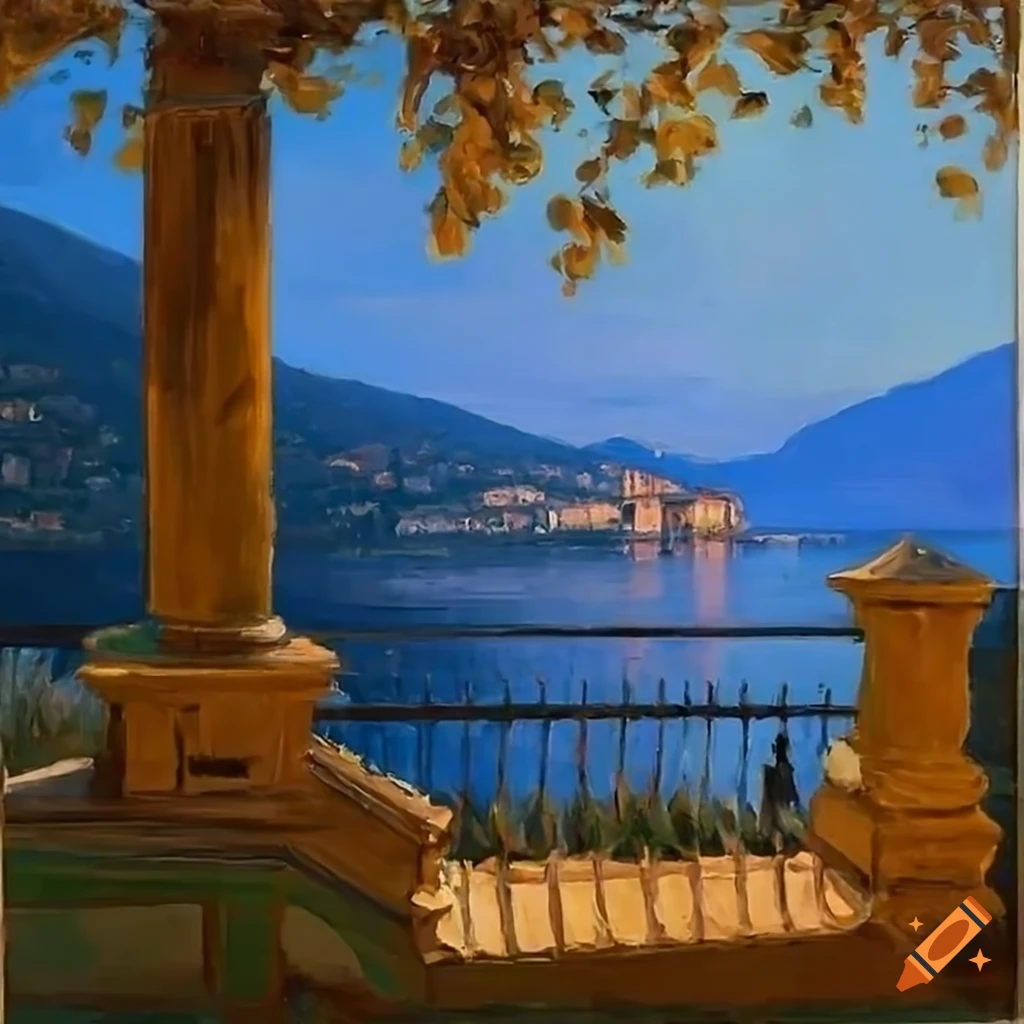 impressionist painting of a patio overlooking Lake Como