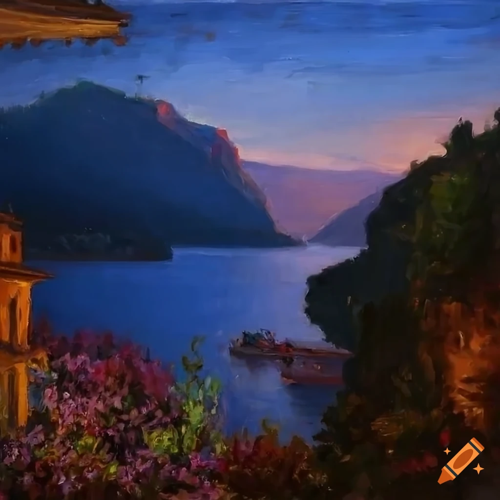 impressionist painting of a charming patio overlooking Lake Como