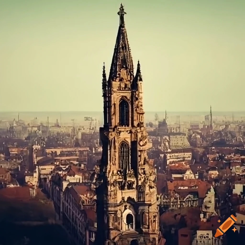 Clear view of a city with gothic towers and baroque domes on Craiyon