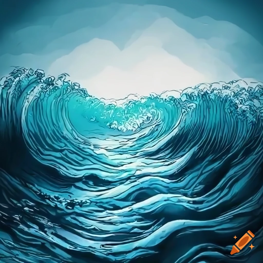 detailed line art of an epic tidal wave