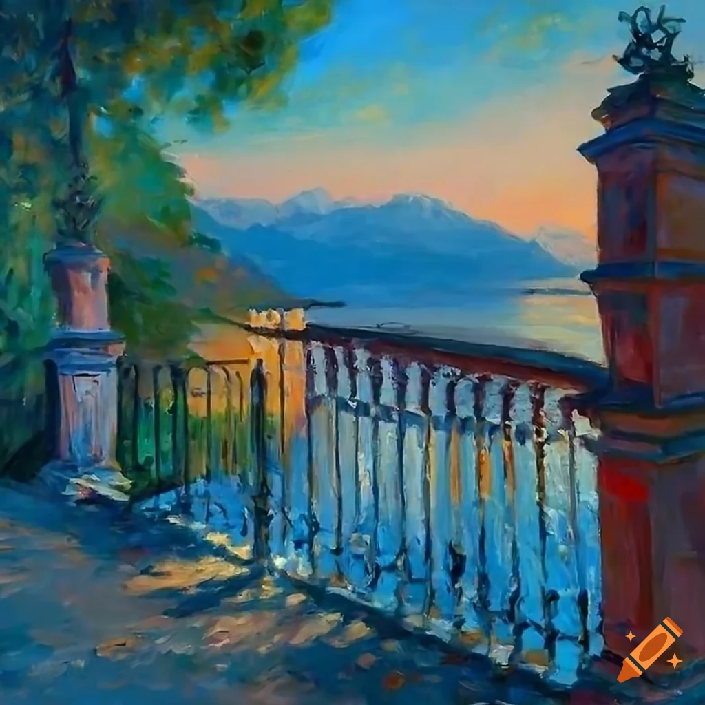 impressionist painting of a cozy patio overlooking Lake Como