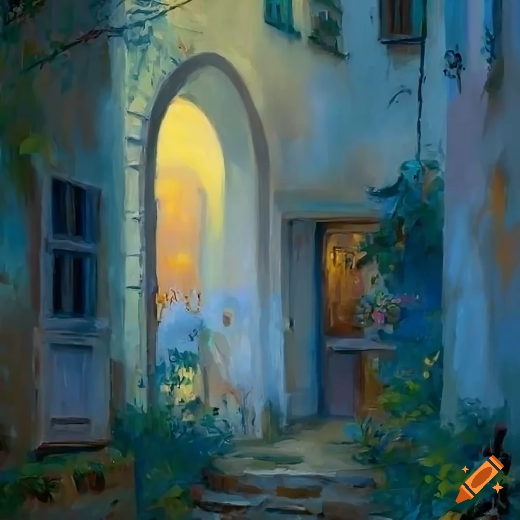 impressionist painting of an inviting Italian house with a beautiful courtyard