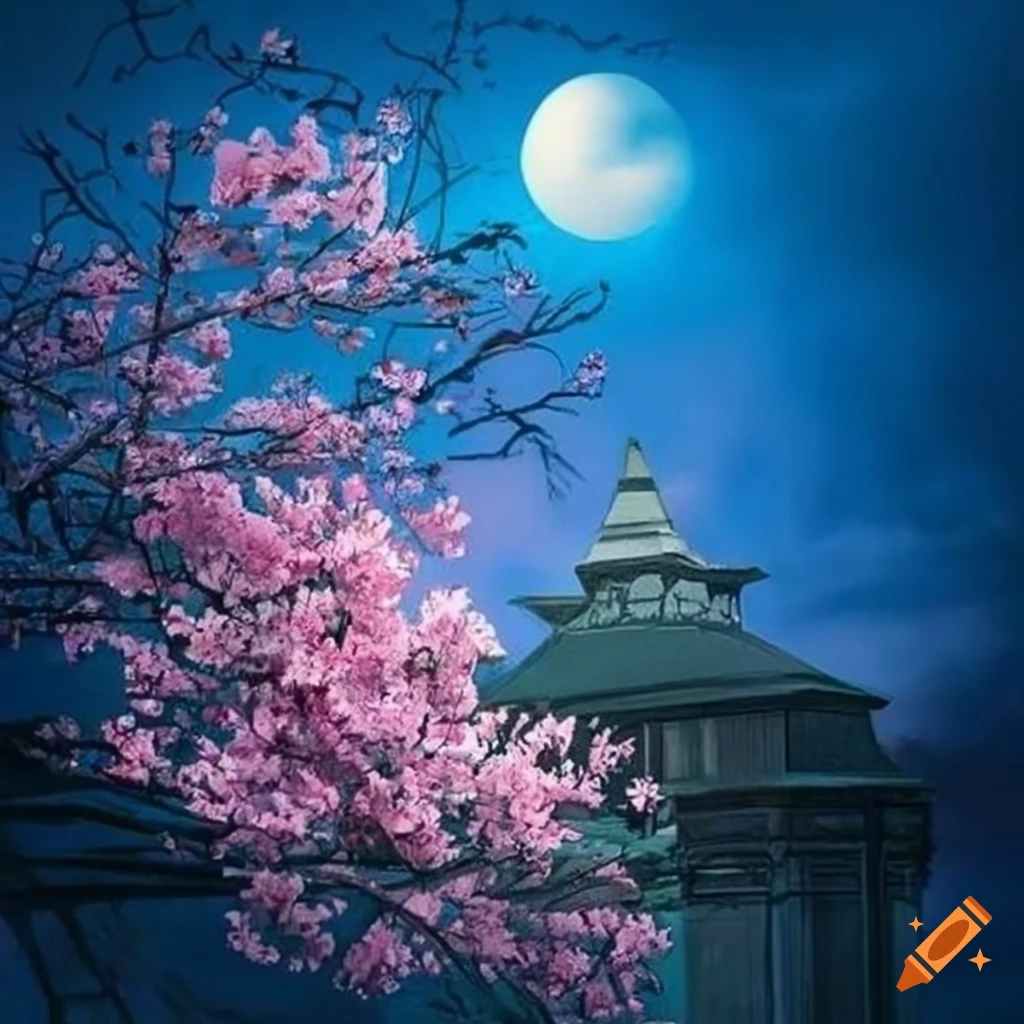 intricate drawing of cherry blossom in blue hour lighting