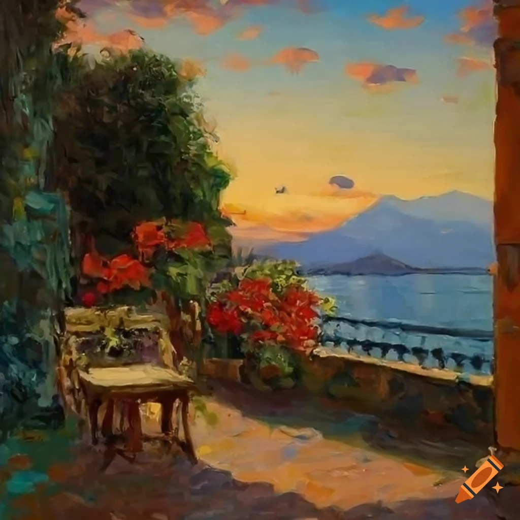 impressionist painting of a cozy patio overlooking Lake Como