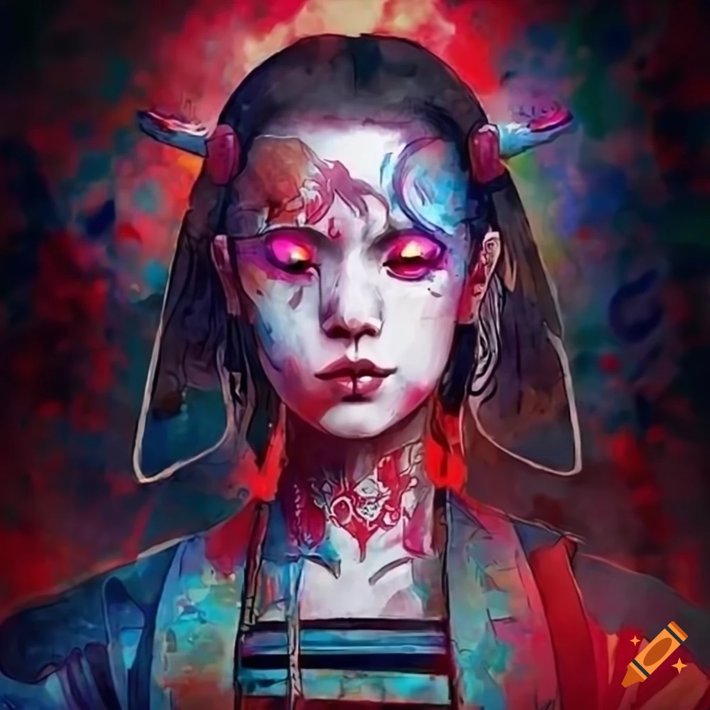 Image of a fierce female samurai with a scarred face and glowing eye