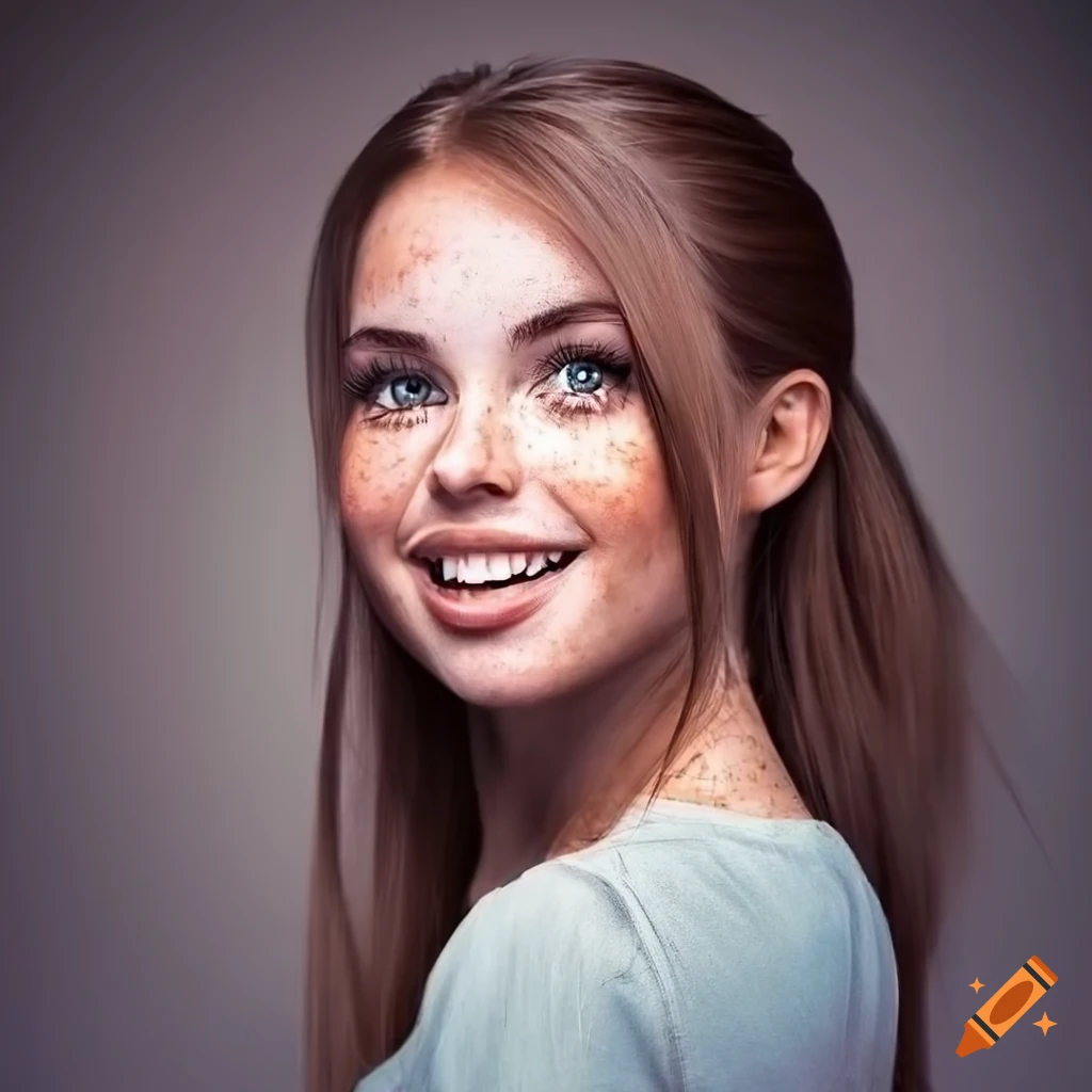 Acrylic painting of a freckled girl with long brown hair on Craiyon