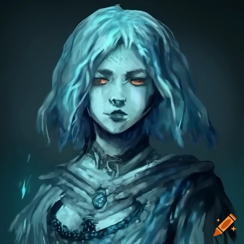 artwork of a water witch in dark souls style