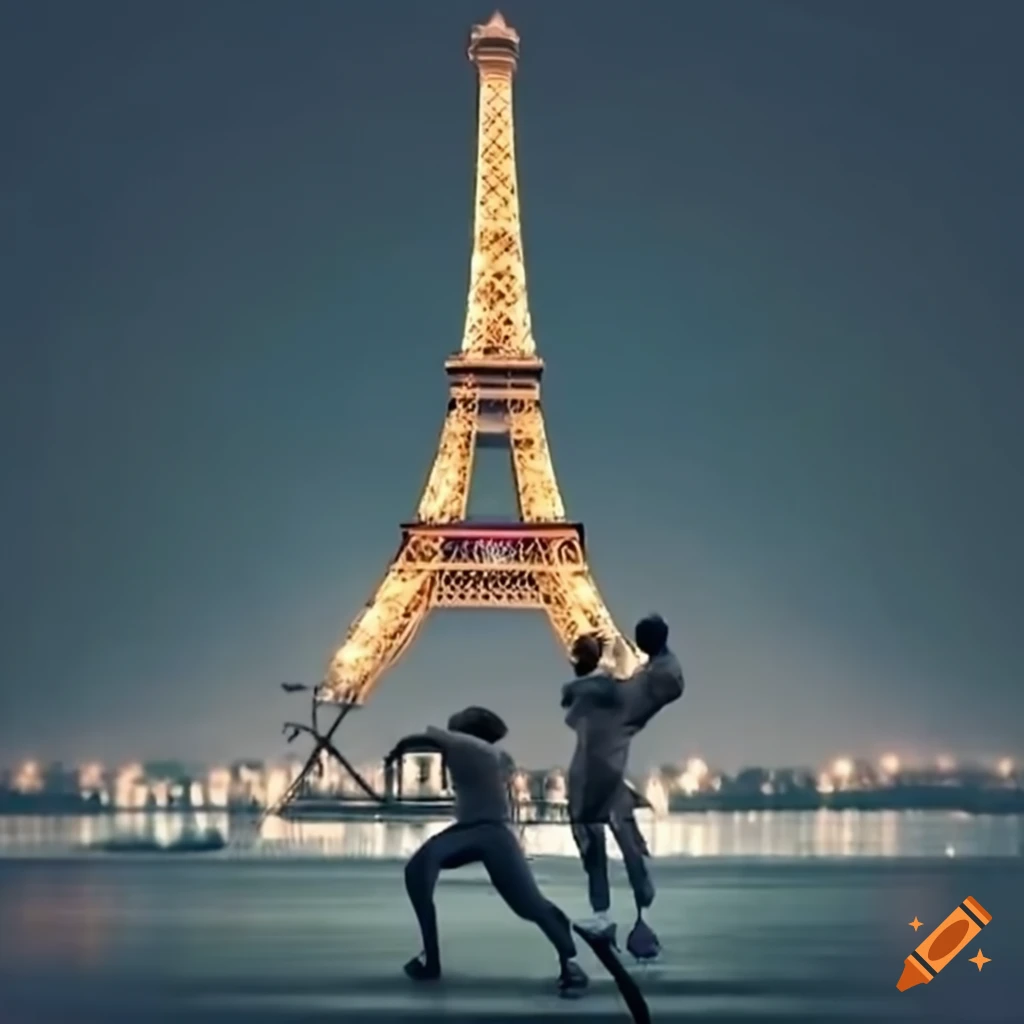 fencers dueling with Eiffel Tower in the background
