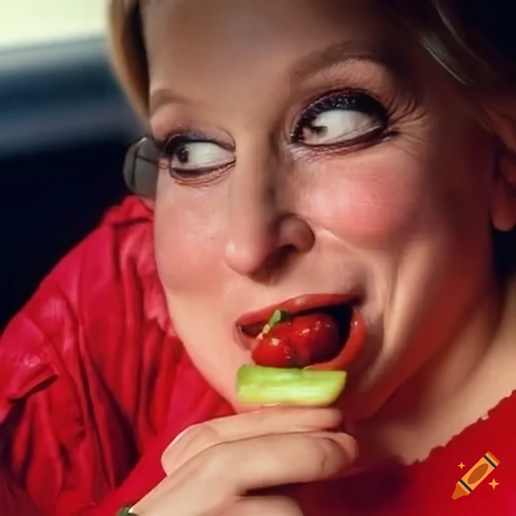 Bette midler enjoying strawberries in a car on Craiyon